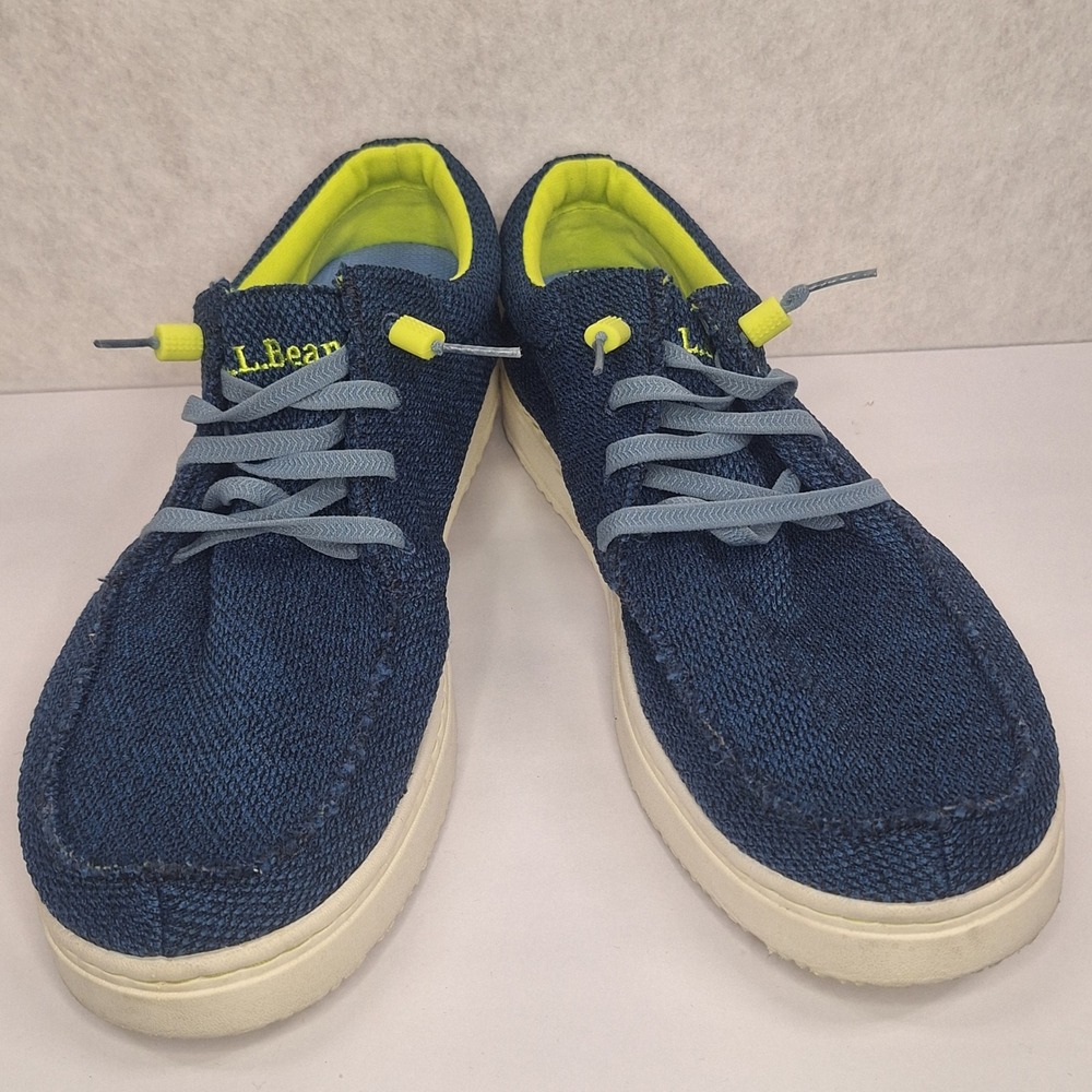 LL Bean Mens Vista Camp Shoes Navy Blue Lime Green Knit Sneakers 11.5 XL